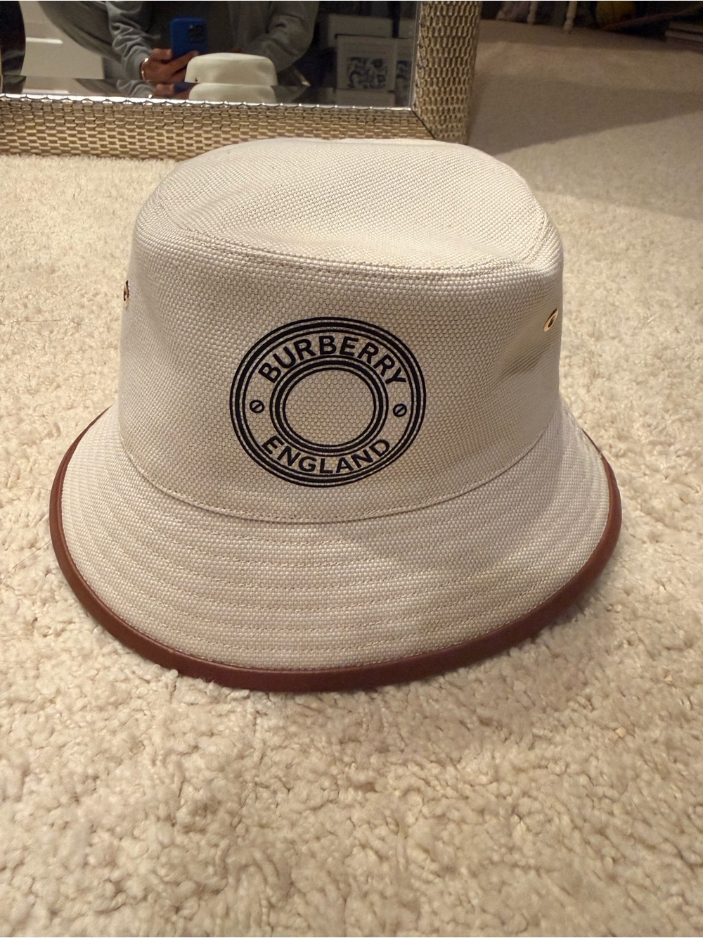 Burberry Cream Canvas Bucket Hat with Brown Trim AUTHENTIC